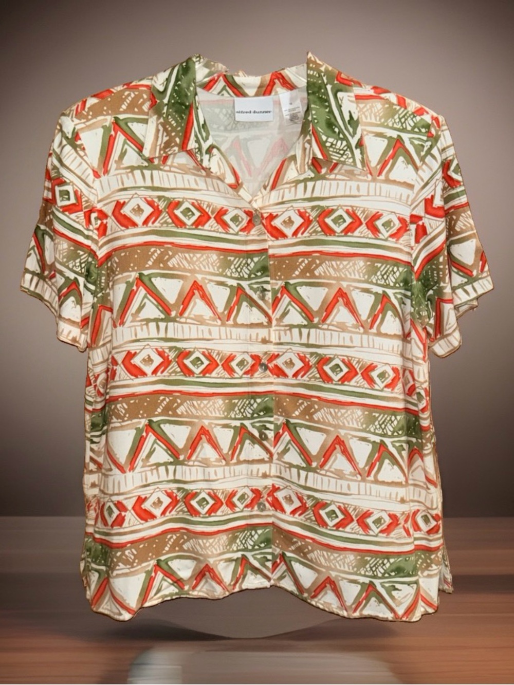 Alfred Dunner Short-Sleeve Button-Up Camp Shirt - Olive, Tan & Coral-12-EC